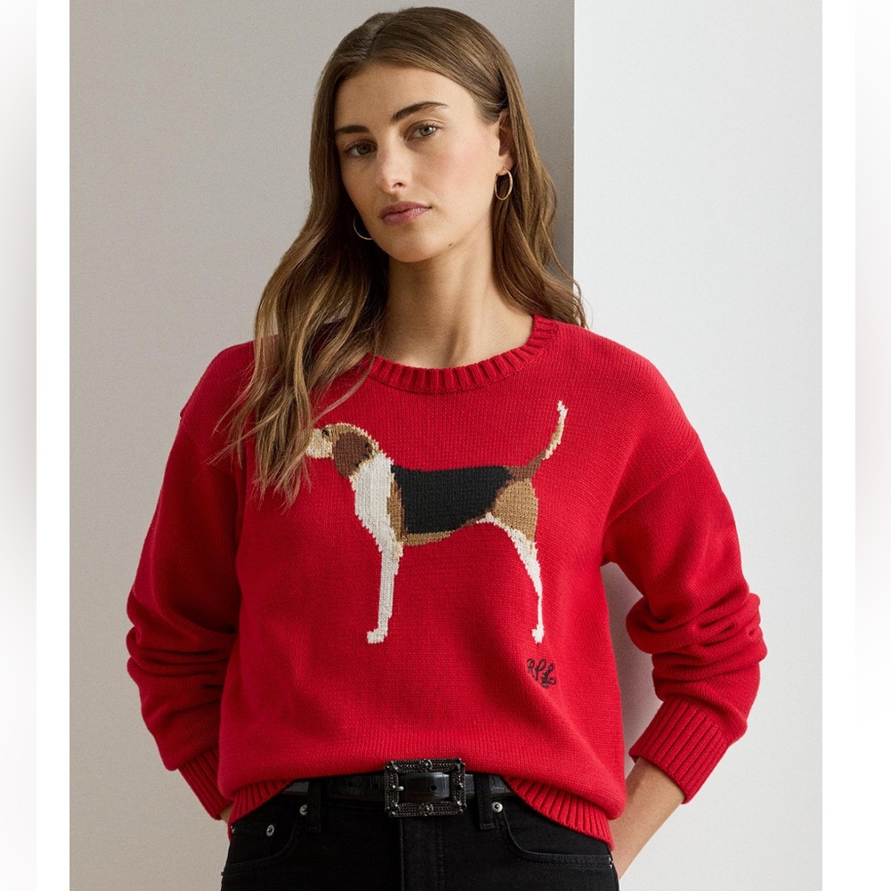 Ralph Lauren Intarsia-Knit Crewneck Cotton Dog Sweater Petite Small New w/Tags